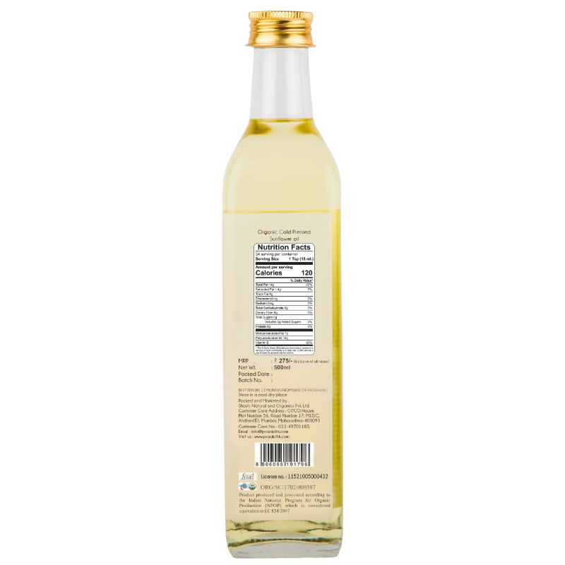 Praakritik Organic Cold Pressed Sunflower Oil  Pure  Natural Enriching  Nourishing Oil Bottle  No Added Preservatives and Colors 500ml