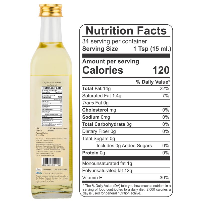 Praakritik Organic Cold Pressed Sunflower Oil Pure Natural Enriching Nourishing Oil Bottle No Added Preservatives and Colors 500ml