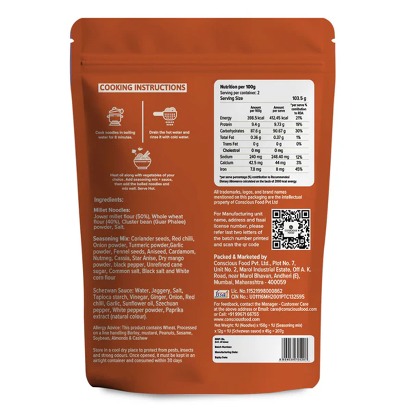 Conscious Food Schezwan Jowar Millet Noodles 207g  Spicy Healthy