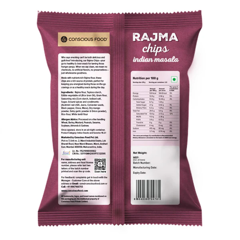 Conscious Food Rajma Chips 50g - High-Protein Bean Snack