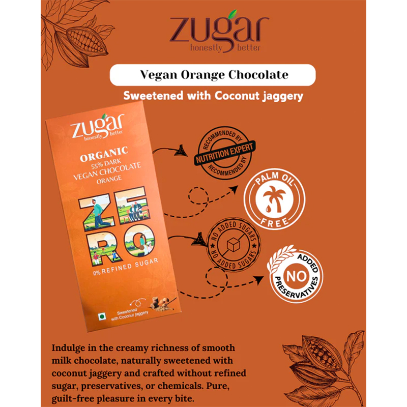 Zugar 55 Dark Vegan Chocolate Orange 20g  Zero Refined Sugar