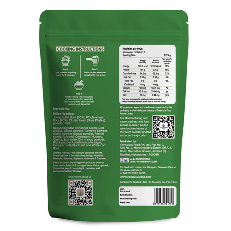 Conscious Food Jowar Millet Noodles 162g Healthy Alternative