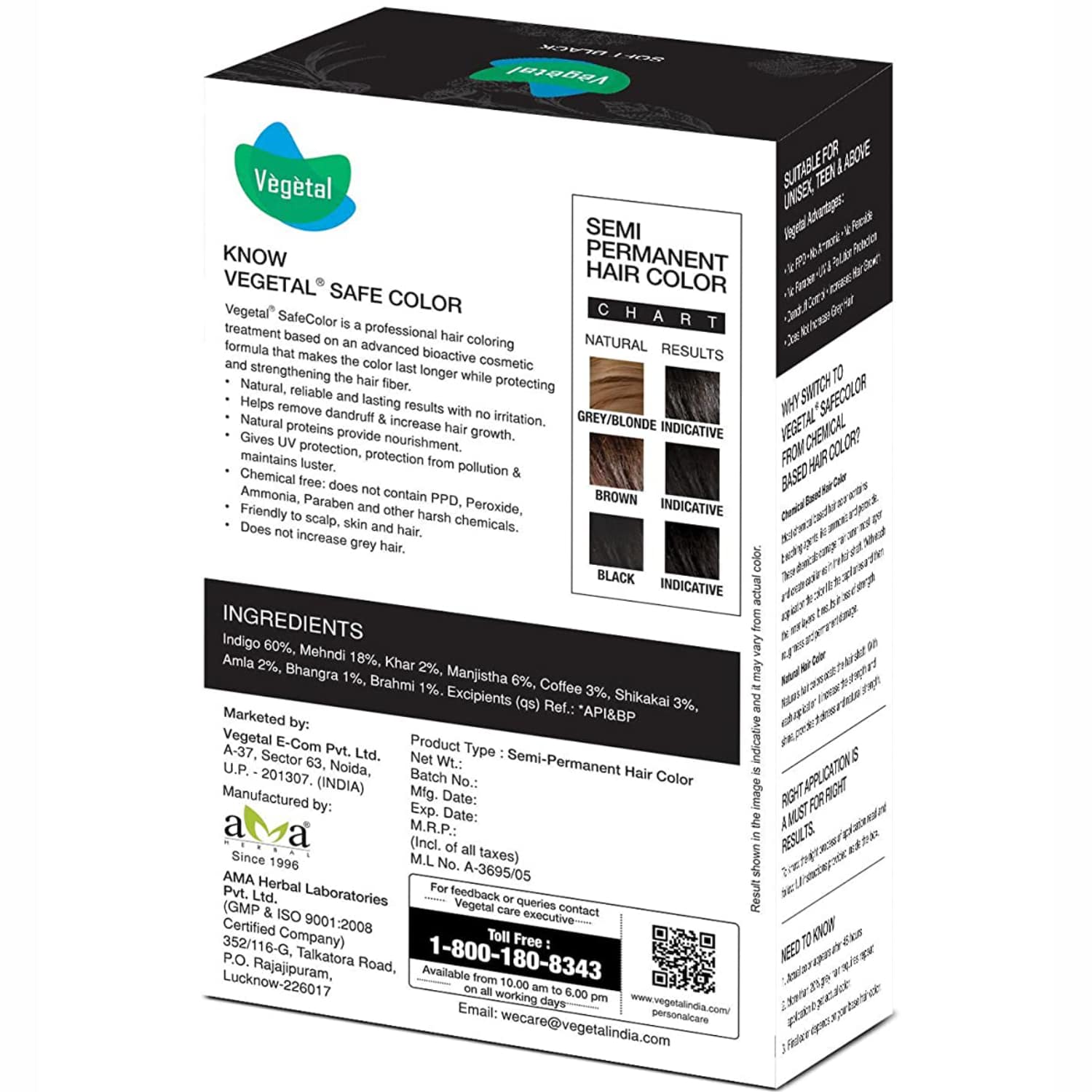 Vegetal Safe Hair Color Soft Black 100g Unisex Natural Hair Color No Ammonia Formula