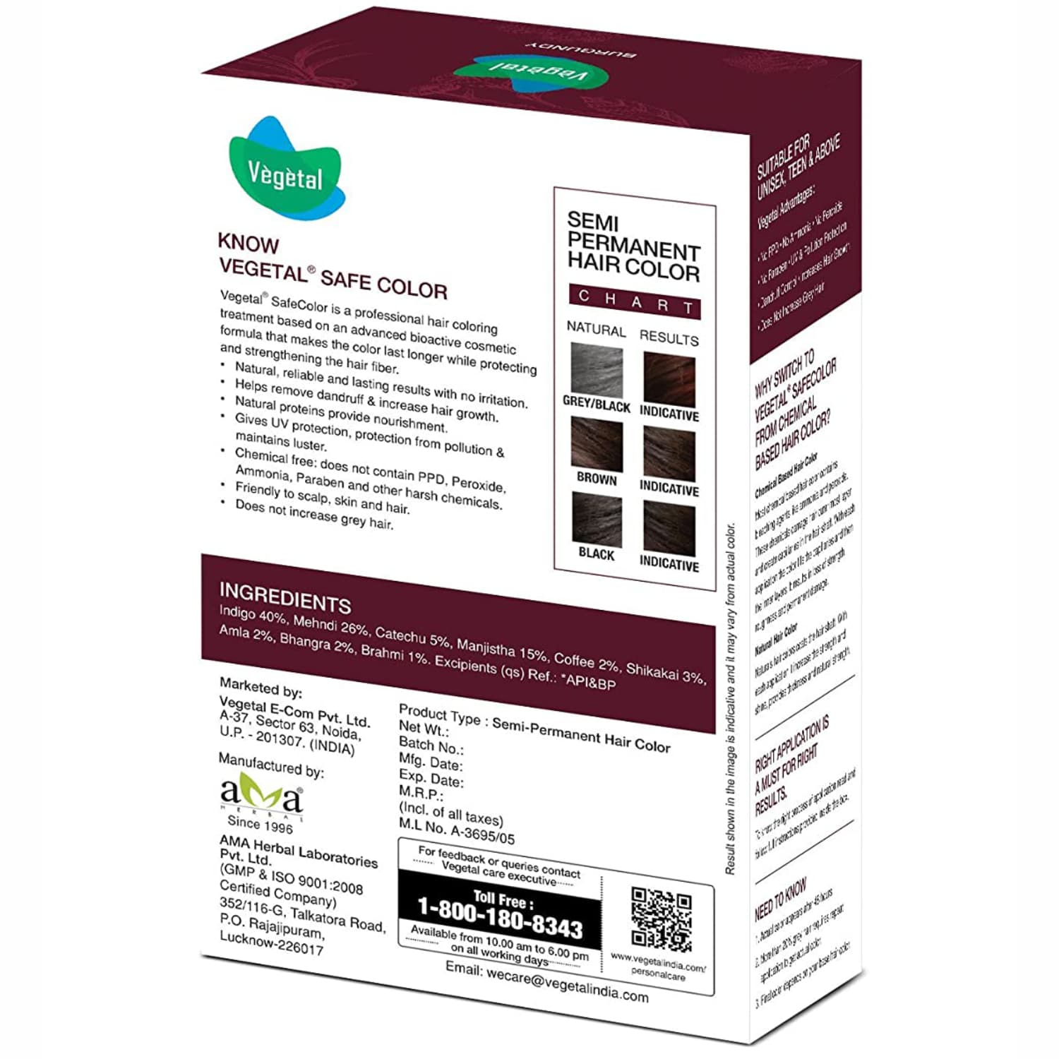 Vegetal Safe Natural Hair Color 100g Burgundy No PPD No Ammonia No Peroxide