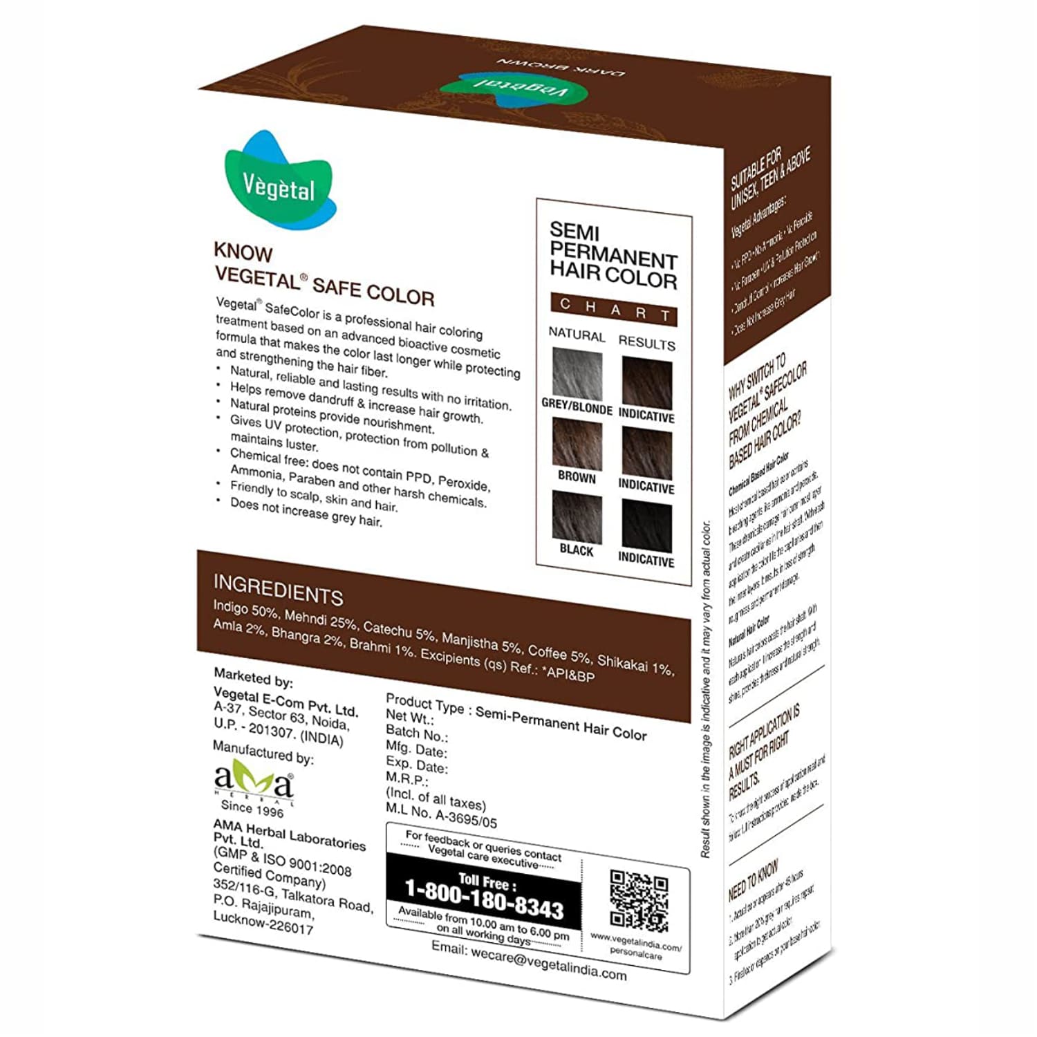 Vegetal Safe Hair Color Dark Brown 100g Unisex Certified Organic Chemical and Allergy Free