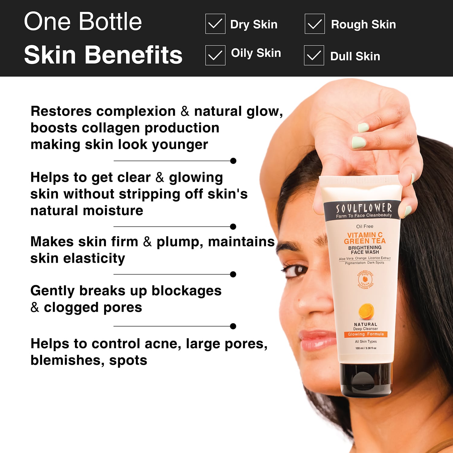 Soulflower Vitamin C Green Tea Brightening Face Wash 100ml Non-Comedogenic No Toxins