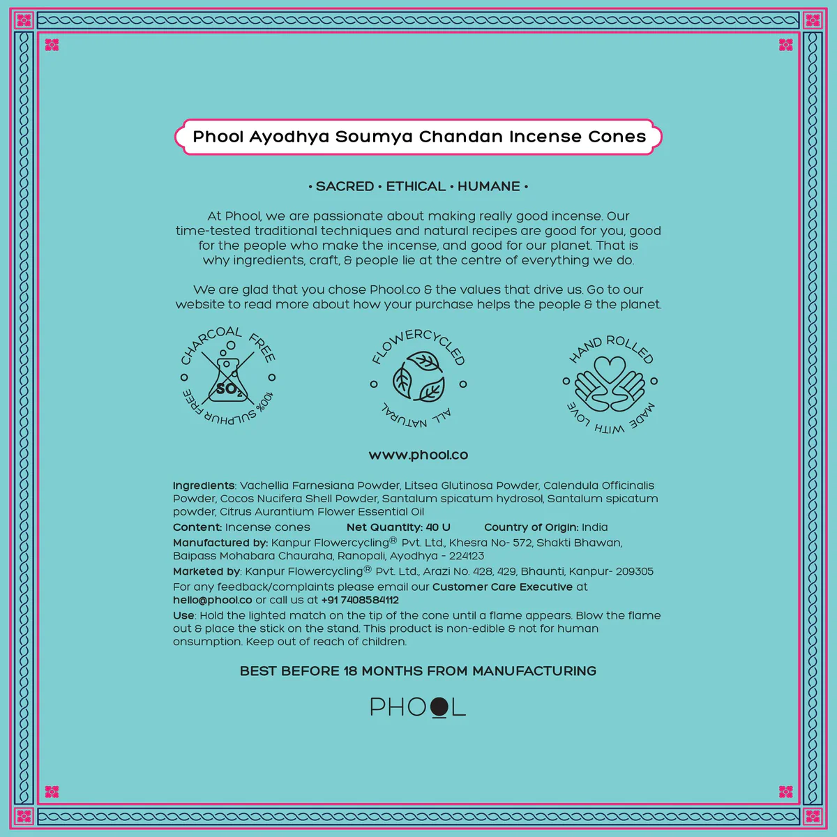 Phool Ayodhya Incense Cones - Special Pack - Soumya Chandan Fragrance Flowers Offered at Ayodhya Temples I 40 Cones