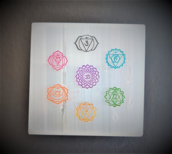 Image of Selenite Plate With Engraved Chakra Yoga Symbol