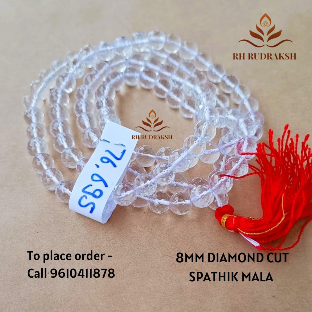 Sphatik Mala Diamond Cut 8MM - 108 1 Beads Super Fine Quality