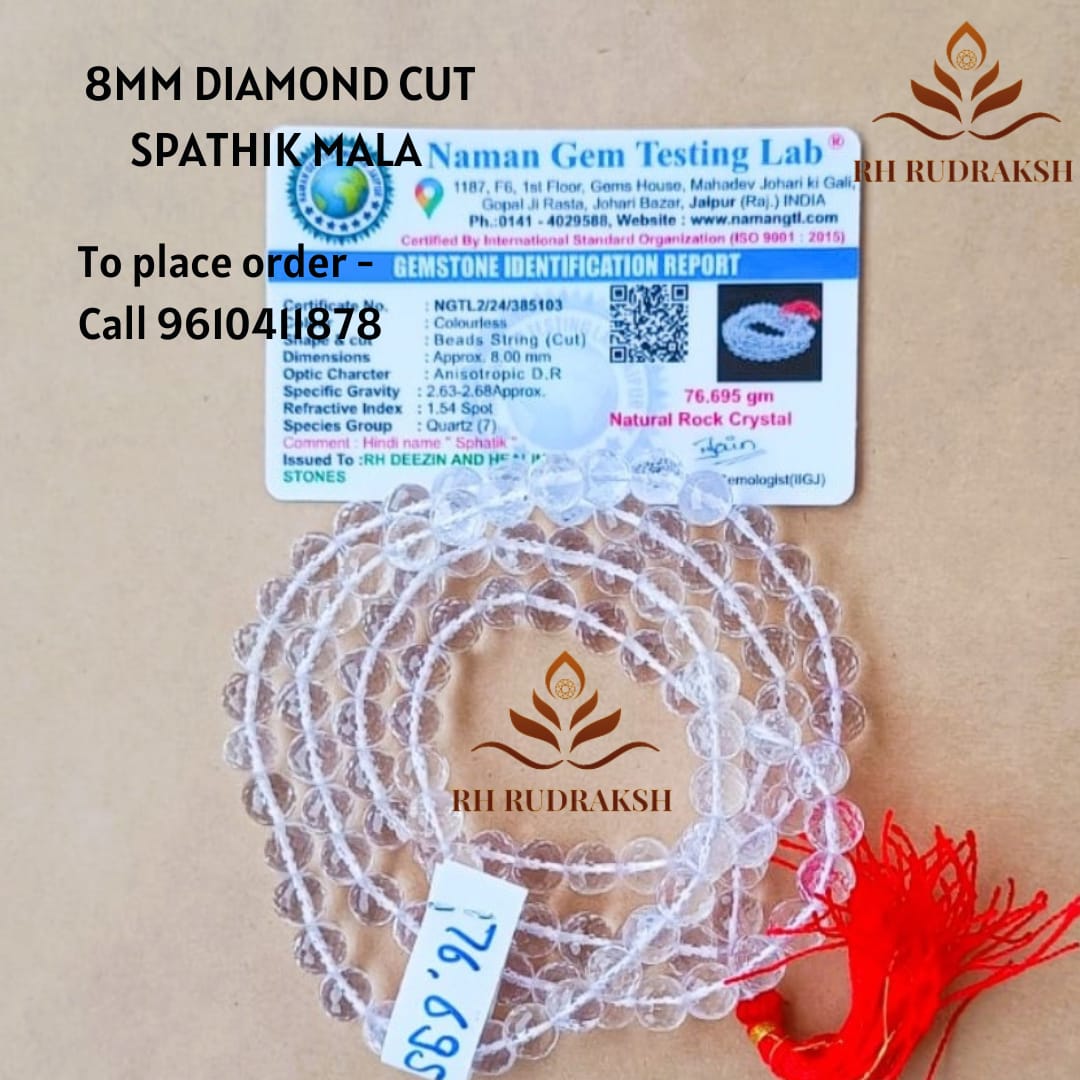 Sphatik Mala Diamond Cut 8MM - 108 1 Beads Super Fine Quality