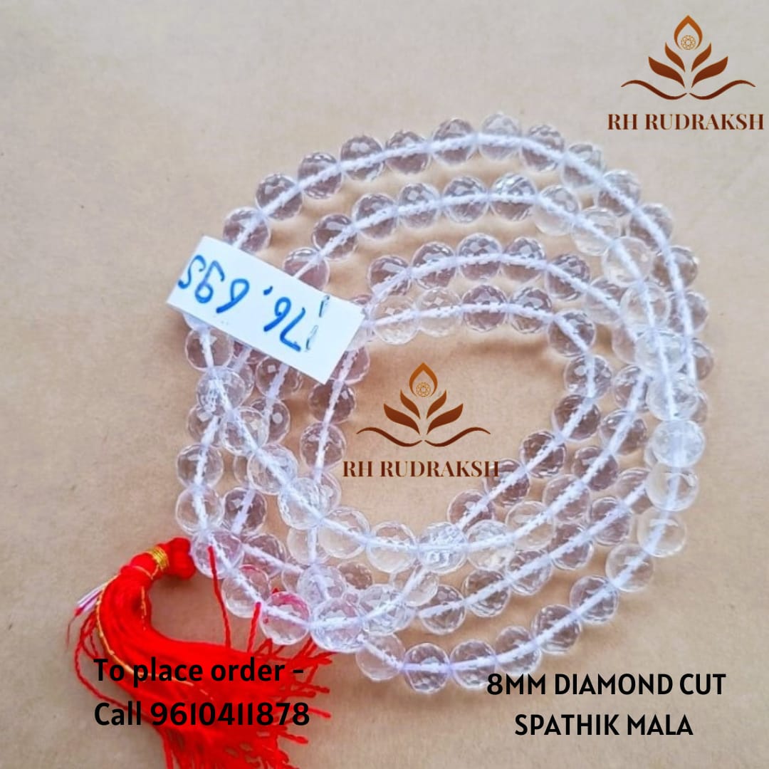 Sphatik Mala Diamond Cut 8MM - 108 1 Beads Super Fine Quality