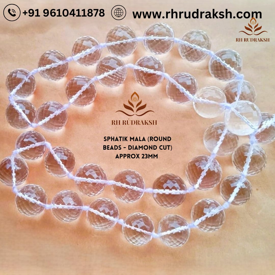 Sphatik Mala Round Beads- Diamond Cut 23 MM - 331 Beads Super Fine Quality
