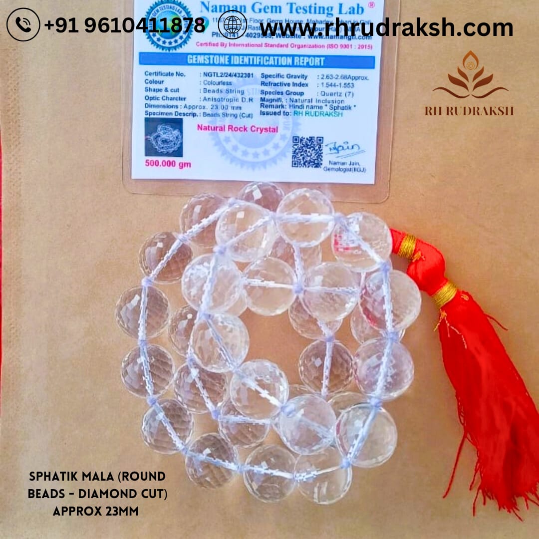 Sphatik Mala Round Beads- Diamond Cut 23 MM - 331 Beads  Super Fine Quality
