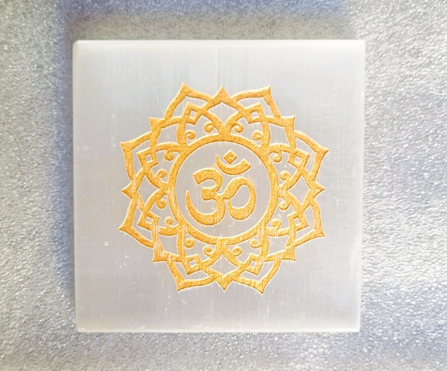 Selenite Plate With Golden OM Engraving - Encourages relaxation  Spirituality