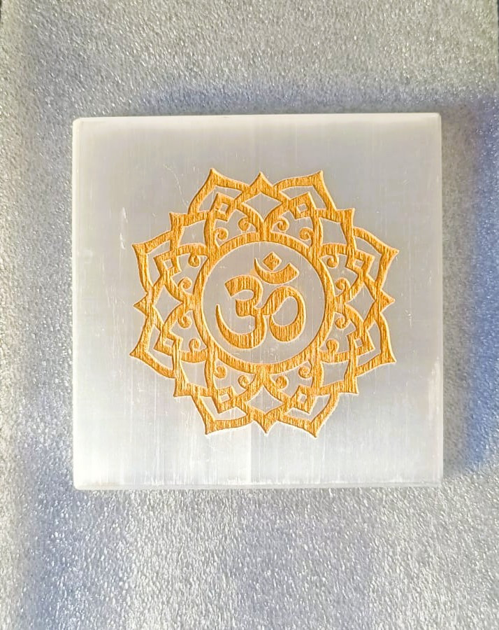 Selenite Plate With Golden OM Engraving - Encourages relaxation  Spirituality