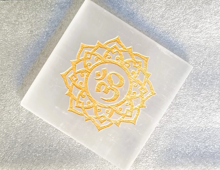 Selenite Plate With Golden OM Engraving - Encourages relaxation  Spirituality