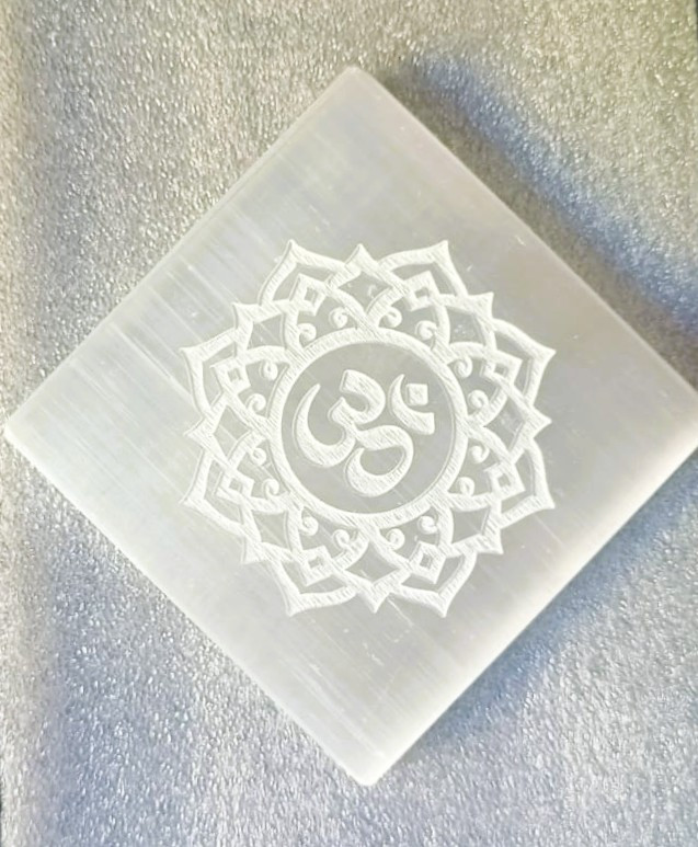 Selenite Plate With Engraved OM