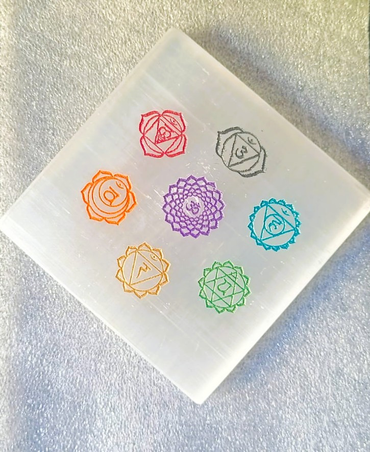 Selenite Plate With Engraved 7 Chakra