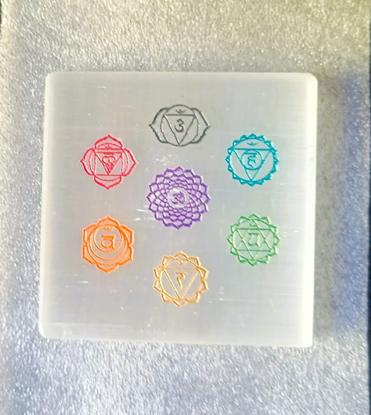 Selenite Plate With Engraved 7 Chakra