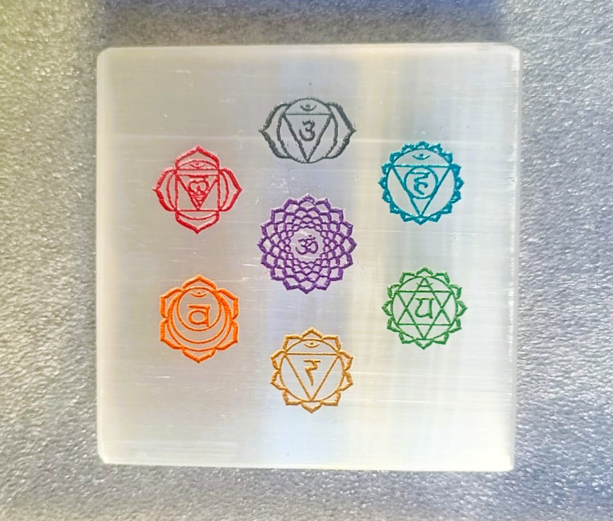 Selenite Plate With Engraved 7 Chakra