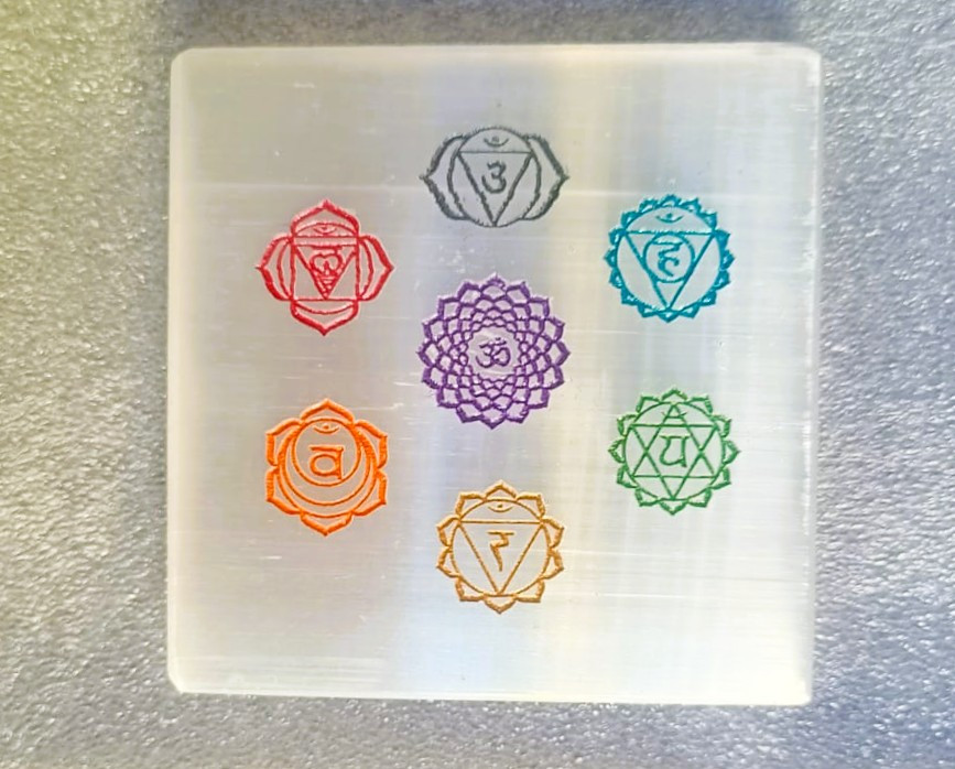 Selenite Plate With Engraved 7 Chakra