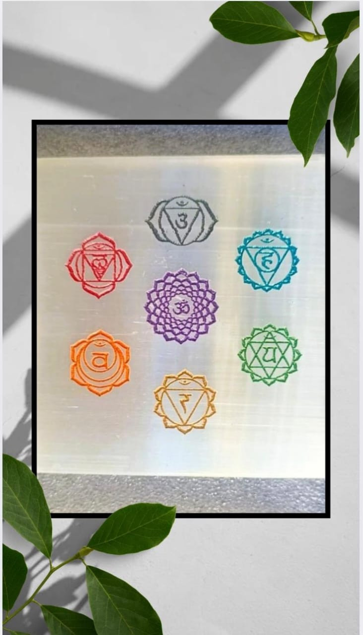 Selenite Plate With Engraved 7 Chakra