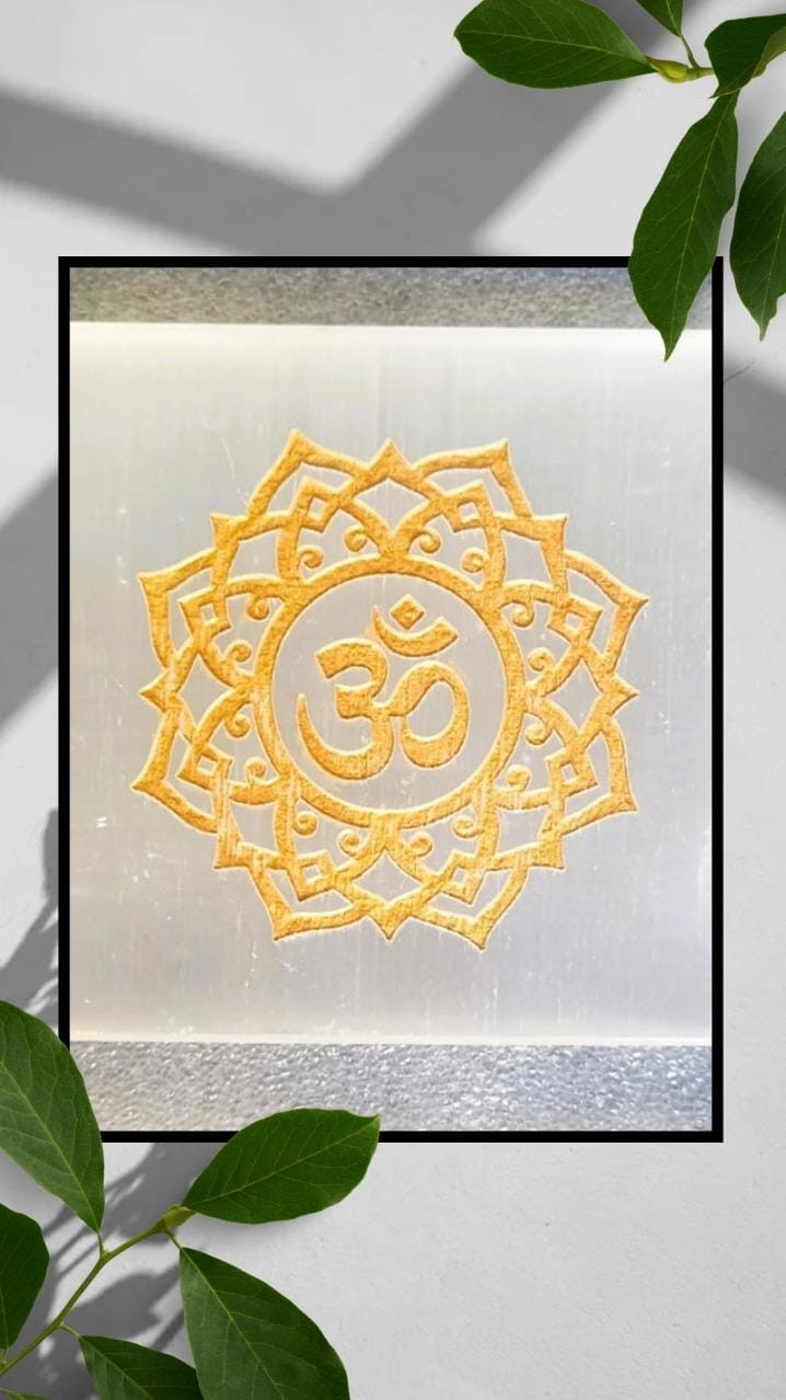 Selenite Plate With Golden OM Engraving - Encourages relaxation  Spirituality