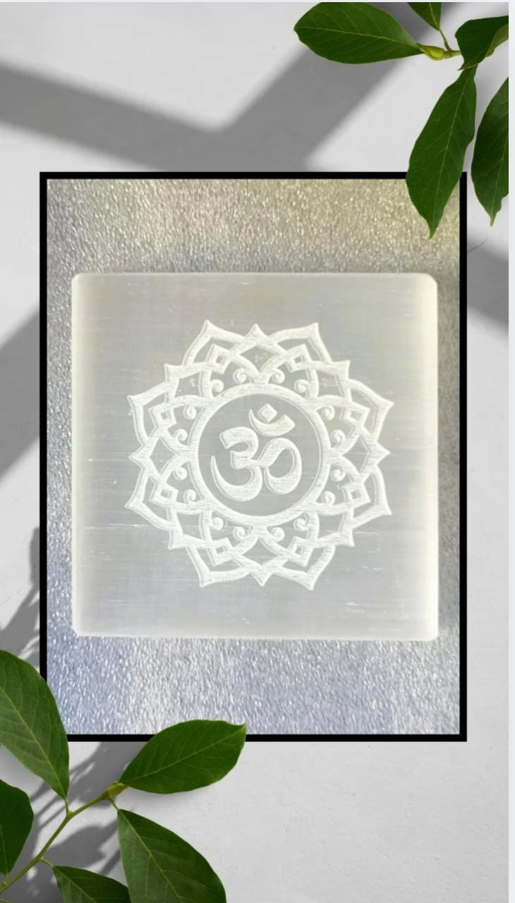 Selenite Plate With Engraved OM