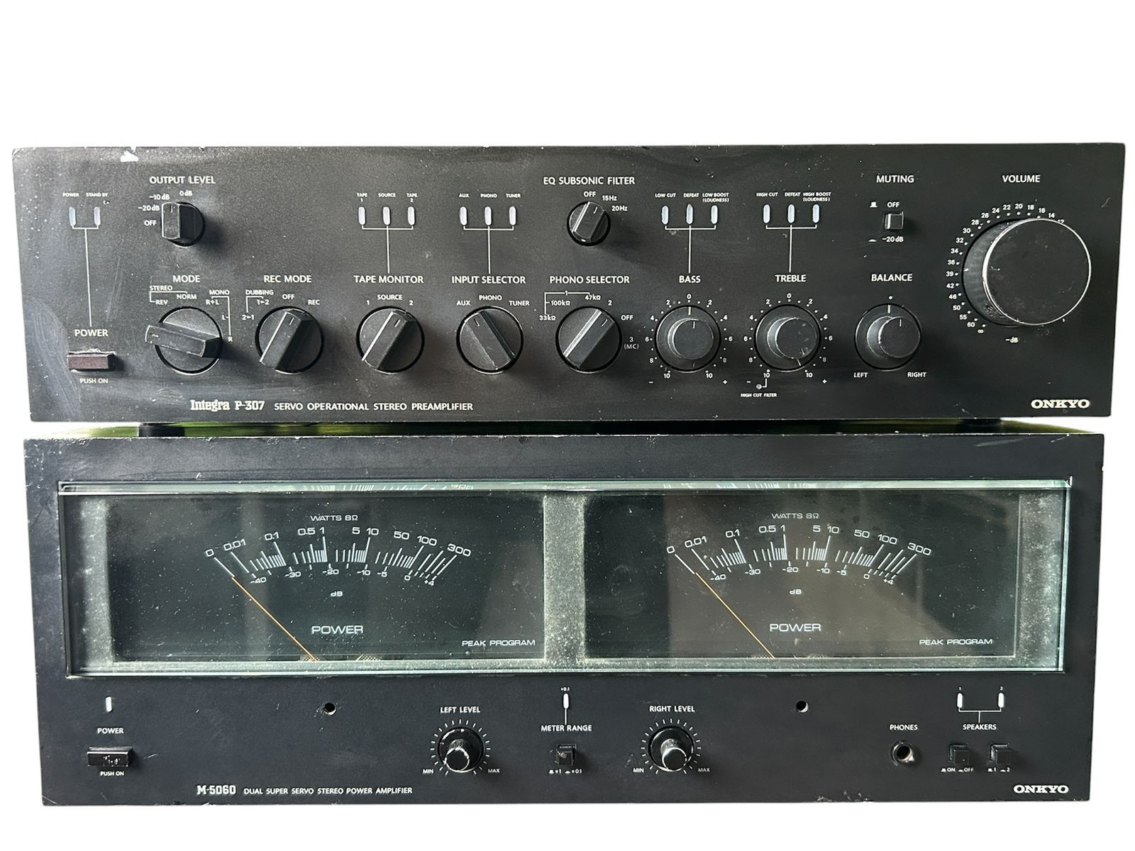Onkyo Integra P-307 Servo Operational Stereo Preamplifier Top Unit Onkyo Integra P-307 Servo Operational Stereo Preamplifier Top Unit Onkyo M-5060 Dual Super Servo Stereo Power Amplifier Bott Dual Super Servo Stereo Power Amplifier Bottom Unit