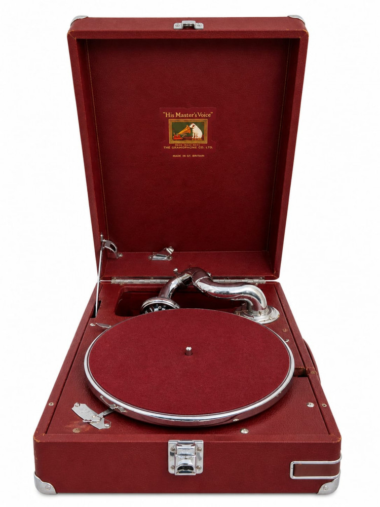 Image of His Master’s Voice suitcase gramophone by HMV.