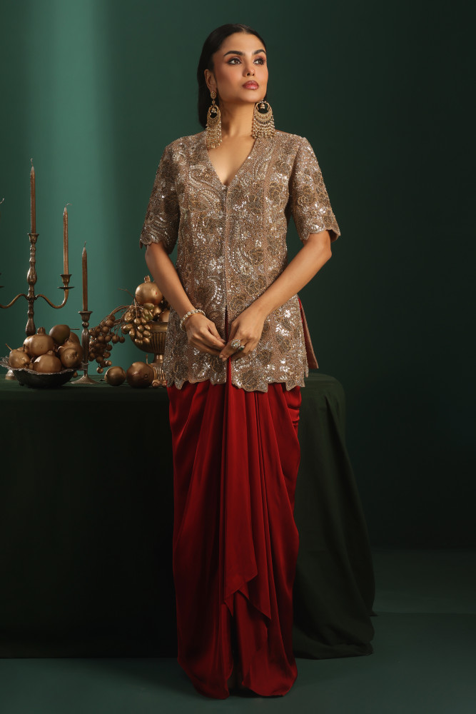 GOLD JACKET WITH MAROON DRAPE SKIRT