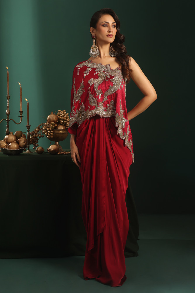 ONE SHOULDER EMBROIDERED TOP WITH DRAPE SKIRT