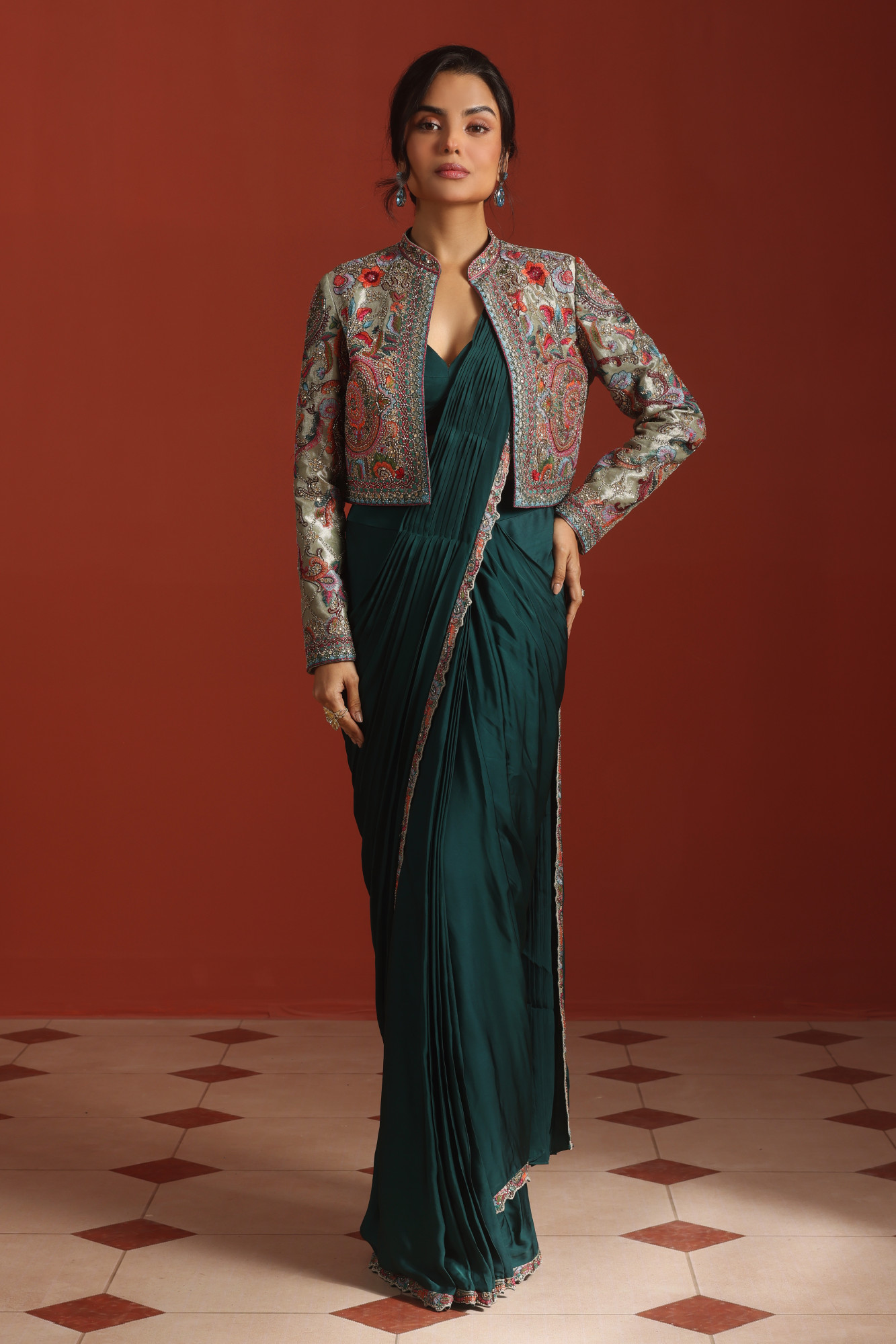 TEAL DRAPE SAREE WITH JACKET