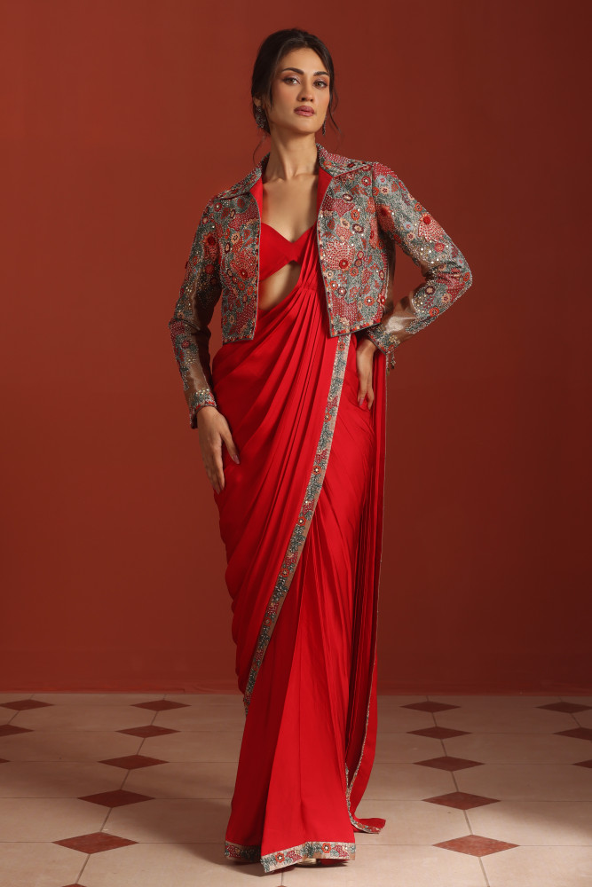 RED DRAPE SAREE WITH JACKET