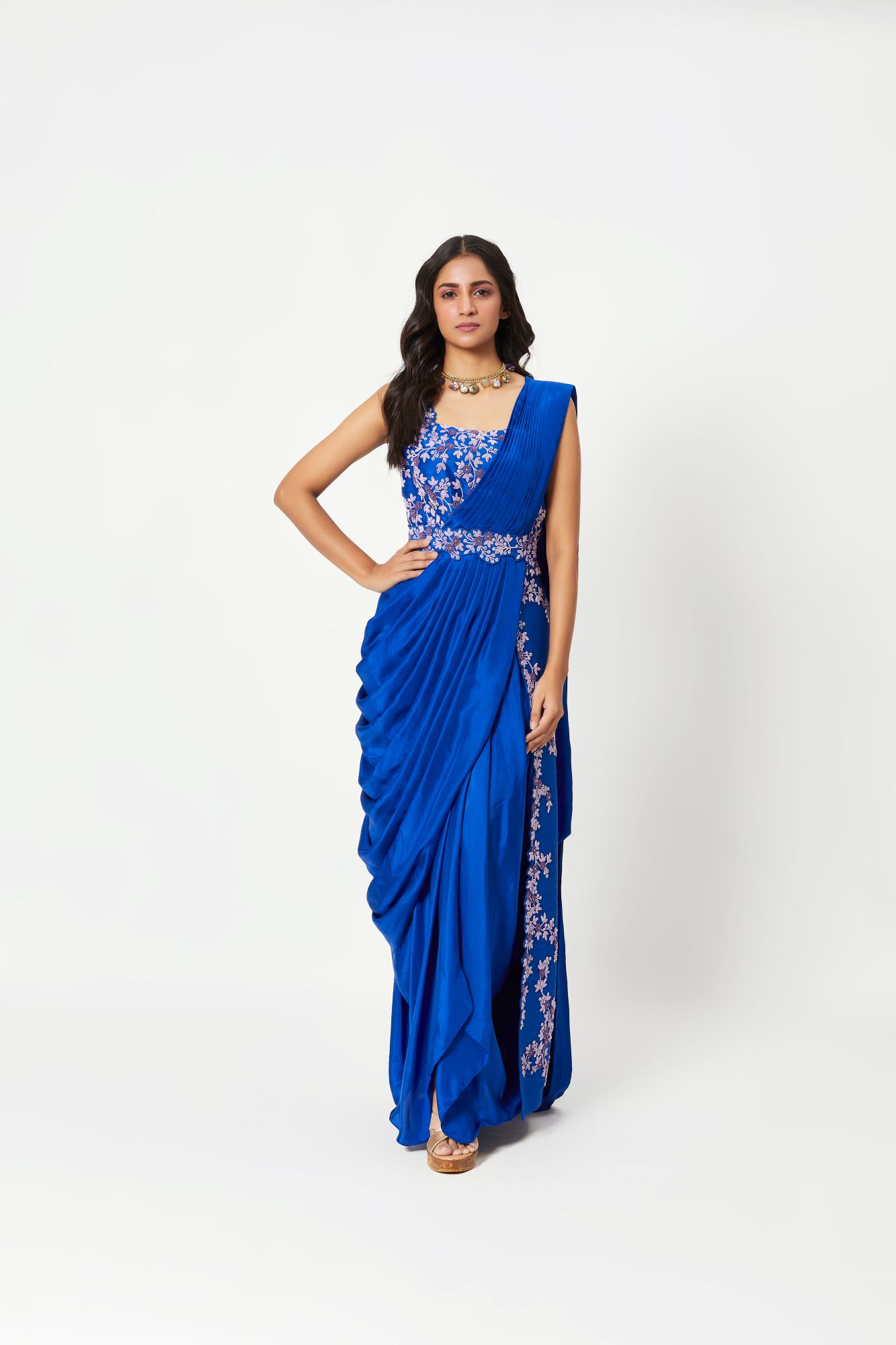 Royal Blue Embellished Yoke And Panel Drape Gown Saree Royal Blue Embellished Yoke And Panel Drape Gown Saree