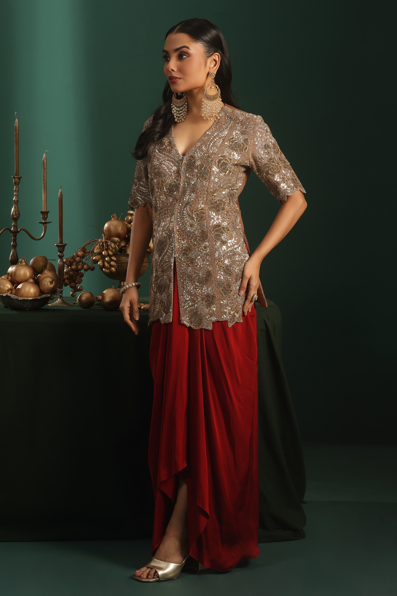 GOLD JACKET WITH MAROON DRAPE SKIRT
