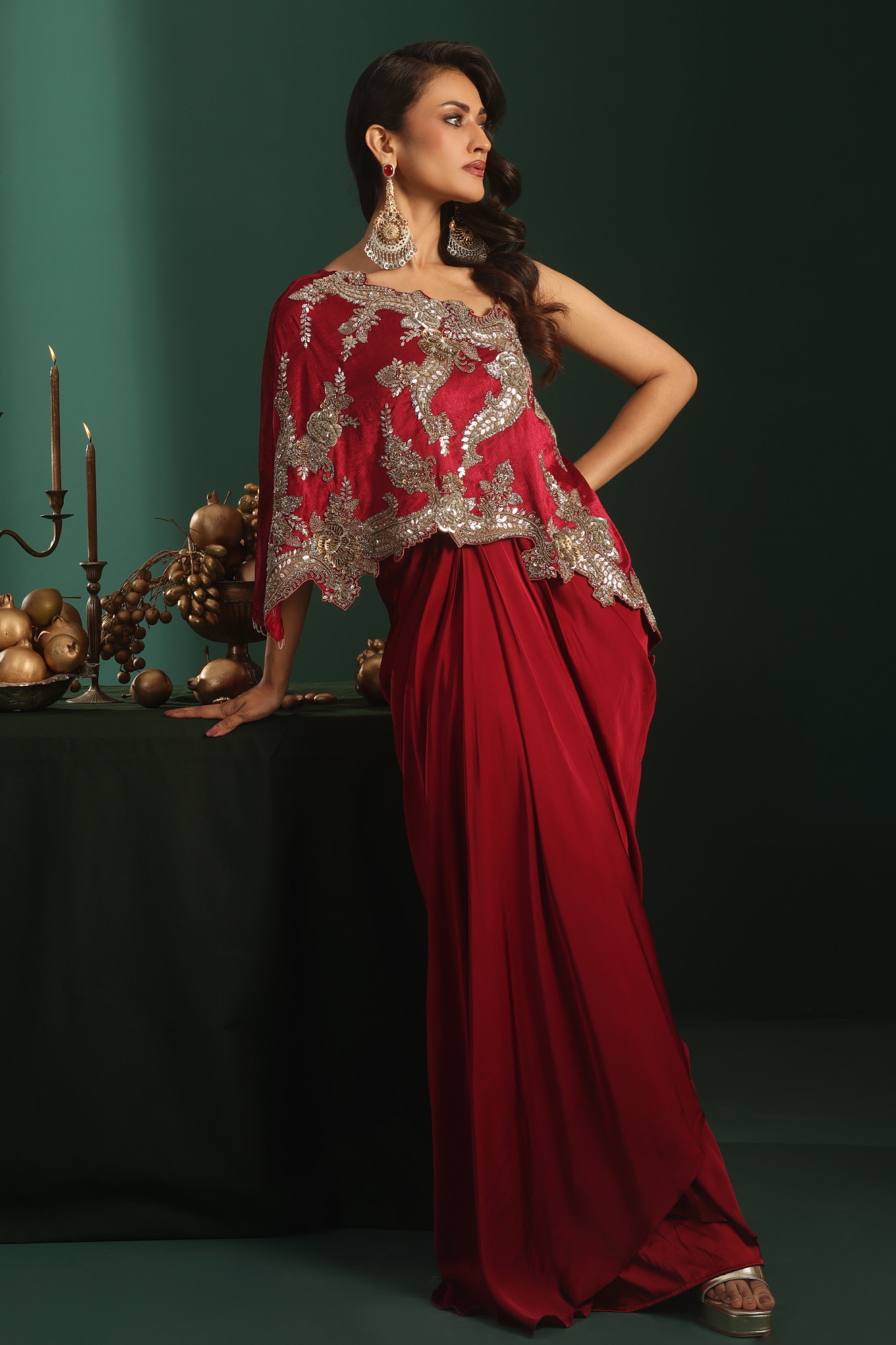 ONE SHOULDER EMBROIDERED TOP WITH DRAPE SKIRT