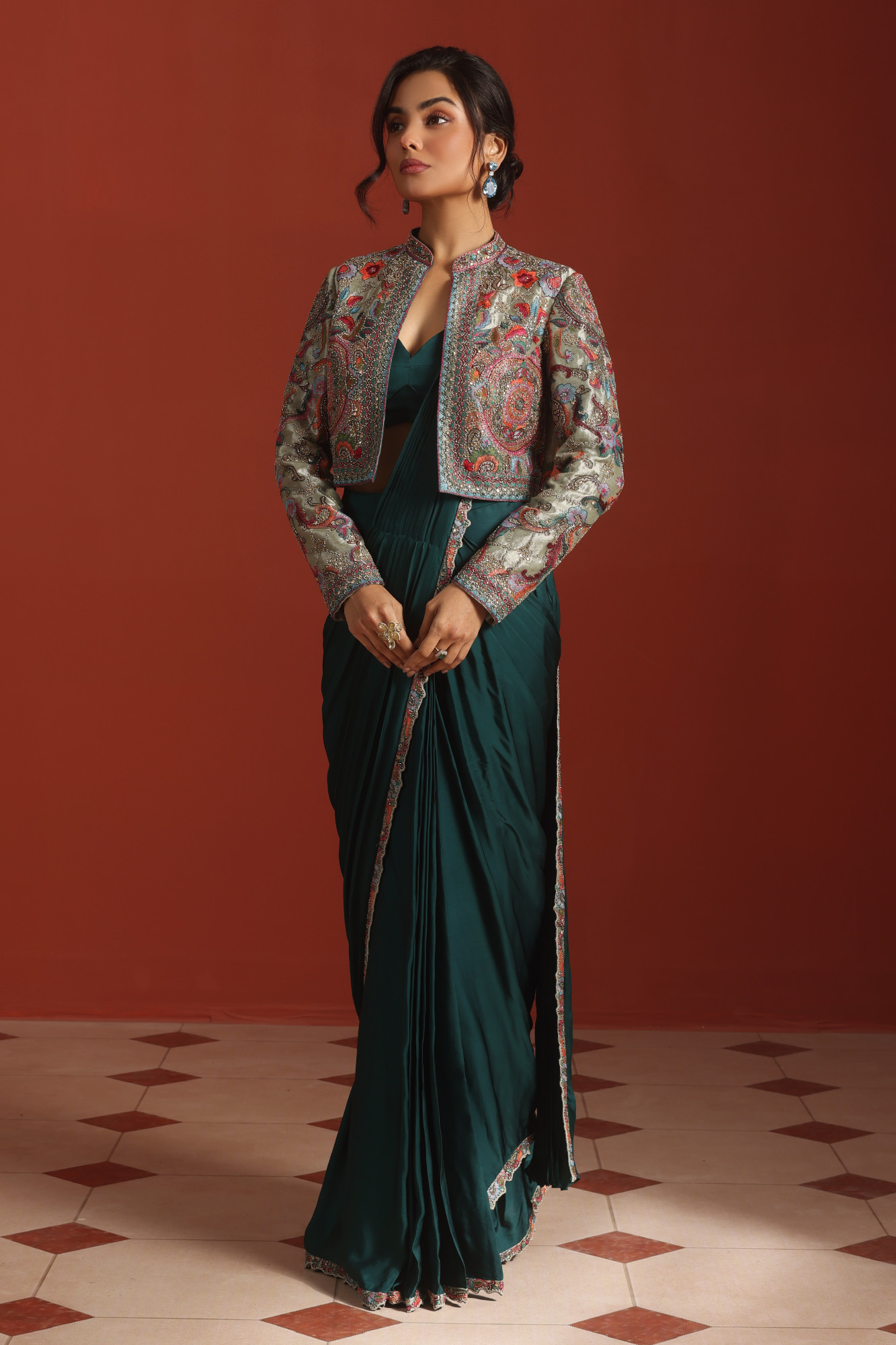 TEAL DRAPE SAREE WITH JACKET