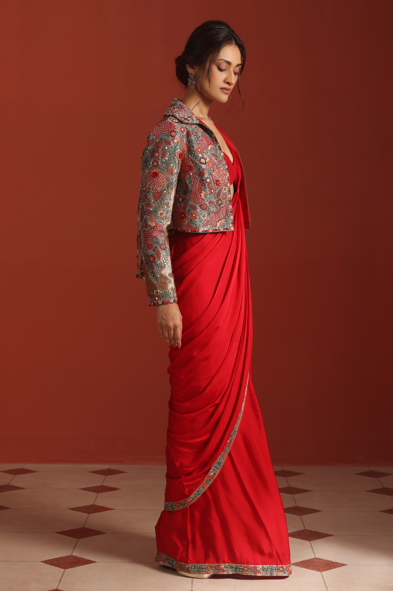 RED DRAPE SAREE WITH JACKET