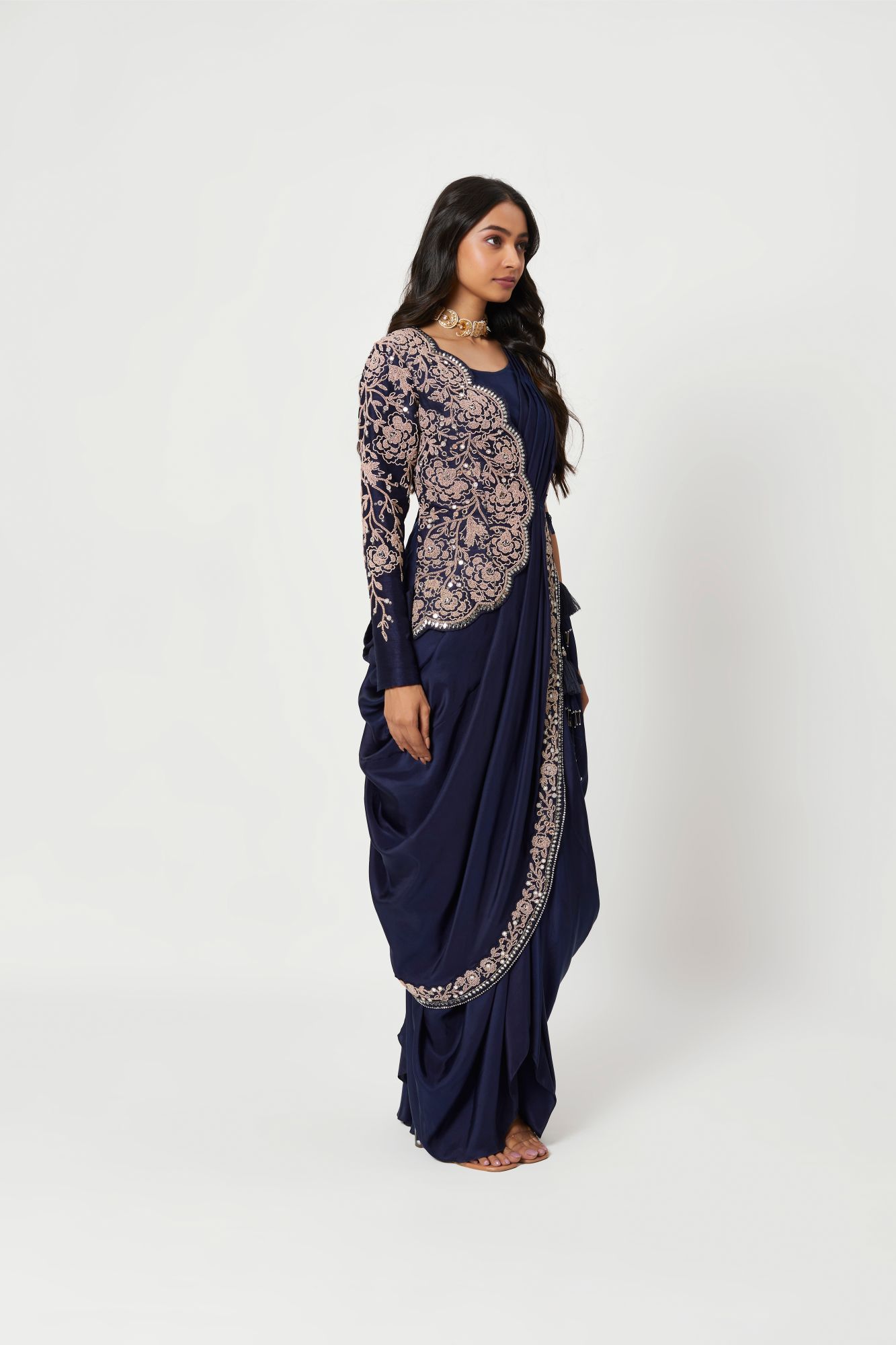 Dark Blue Drape Dress Saree With One Side Jacket Look