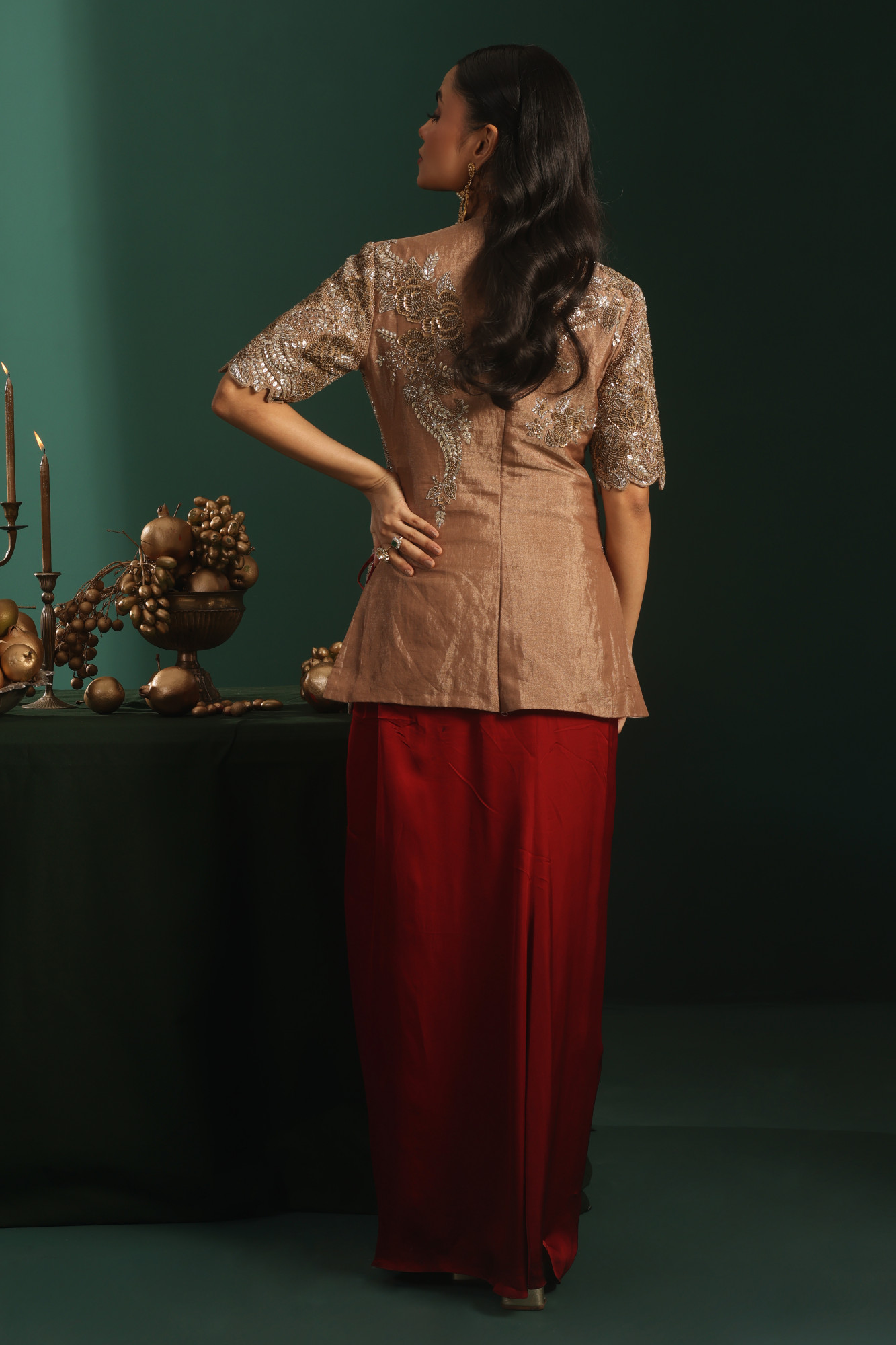 GOLD JACKET WITH MAROON DRAPE SKIRT