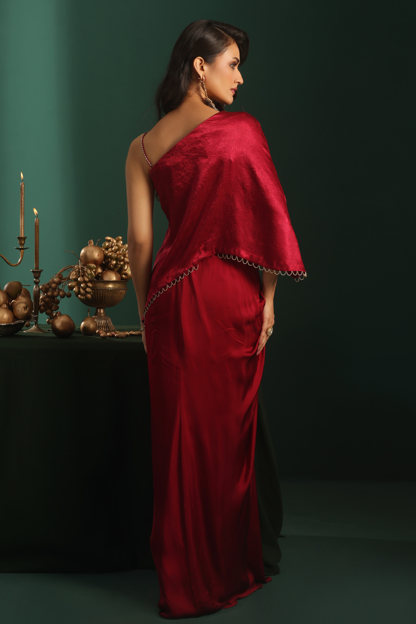 ONE SHOULDER EMBROIDERED TOP WITH DRAPE SKIRT