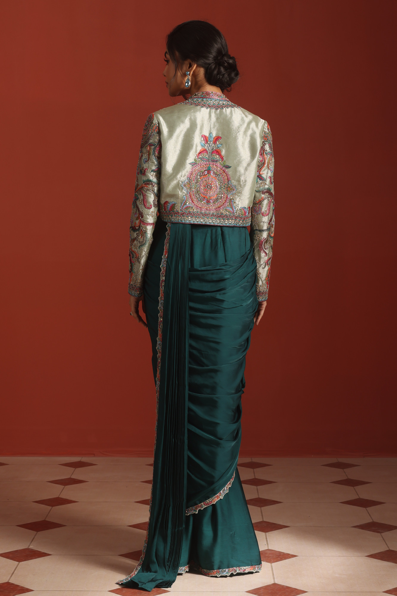 TEAL DRAPE SAREE WITH JACKET