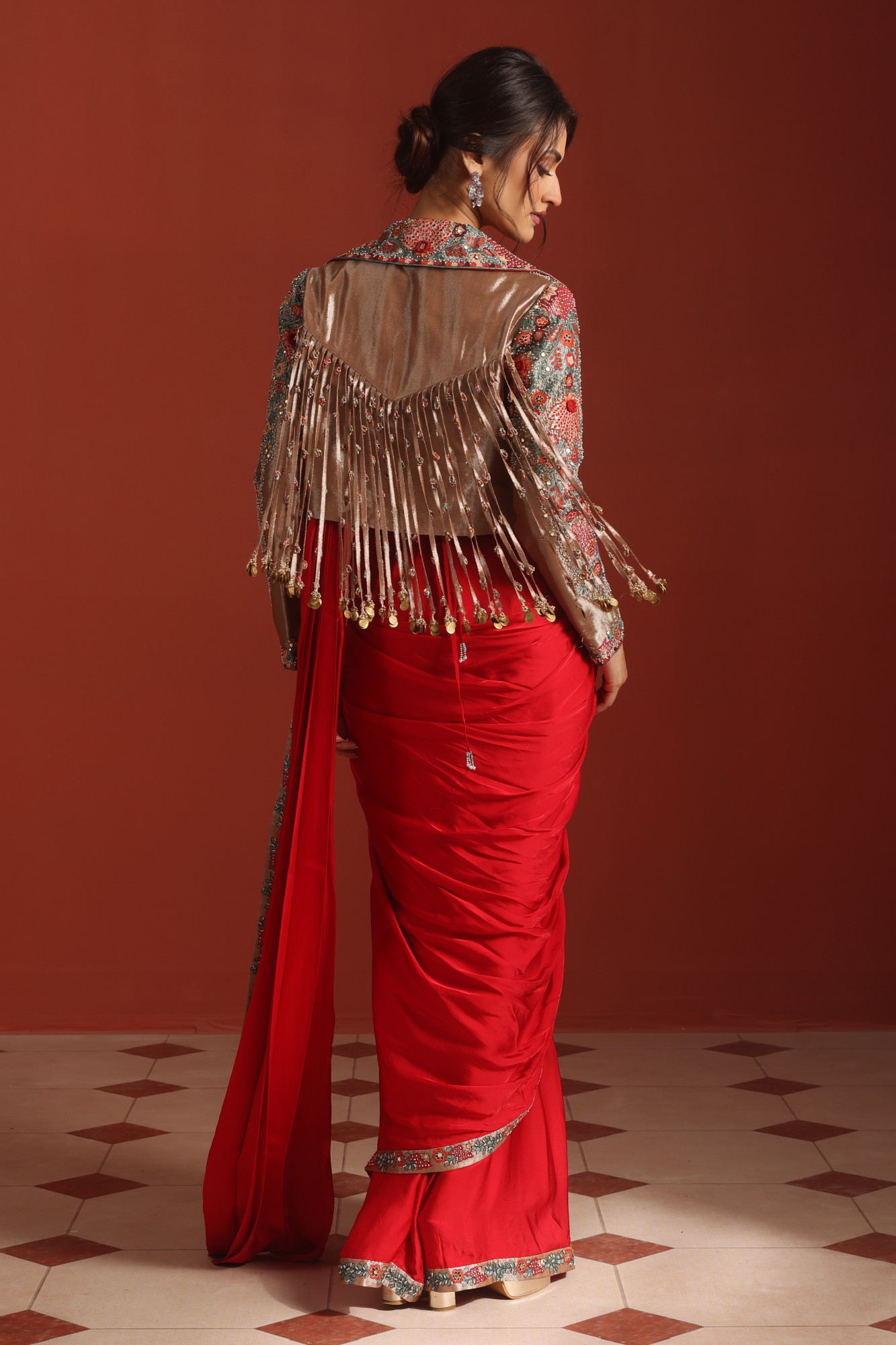 RED DRAPE SAREE WITH JACKET