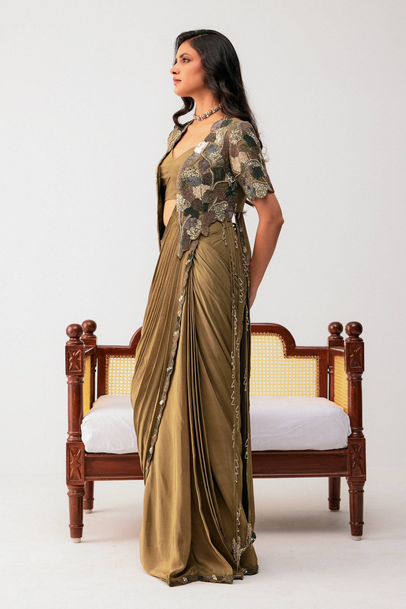 SAP GREEN DRAPE SAREE WITH JACKET