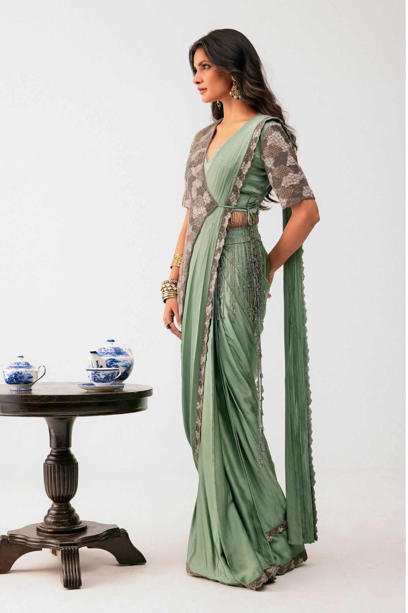 Aqua drape saree with jacket blouse