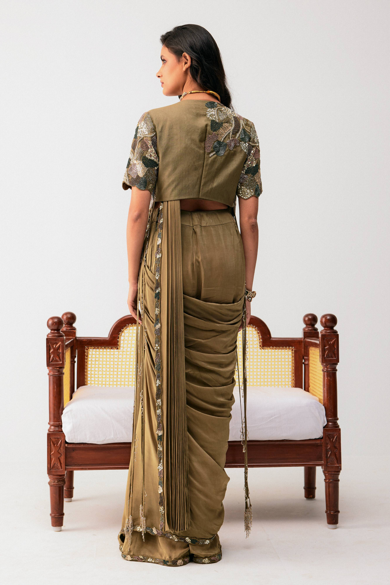 SAP GREEN DRAPE SAREE WITH JACKET