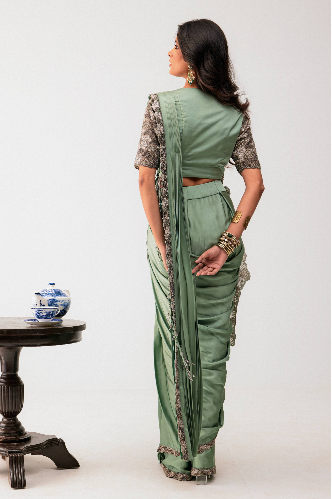 Aqua drape saree with jacket blouse