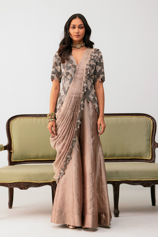 Oldrose sharara saree with jacket blouse