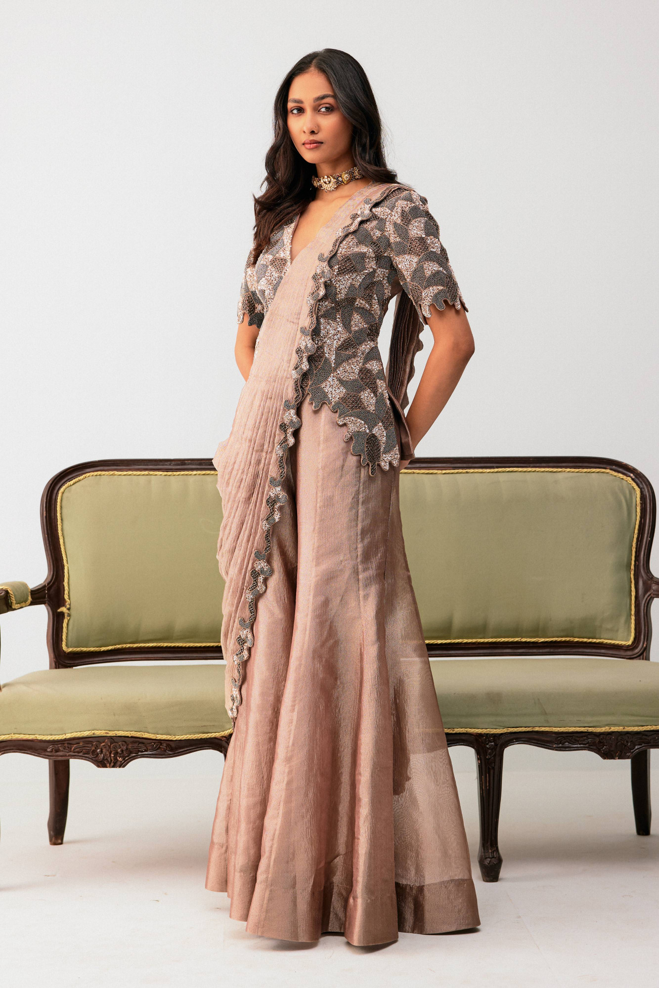 Oldrose sharara saree with jacket blouse
